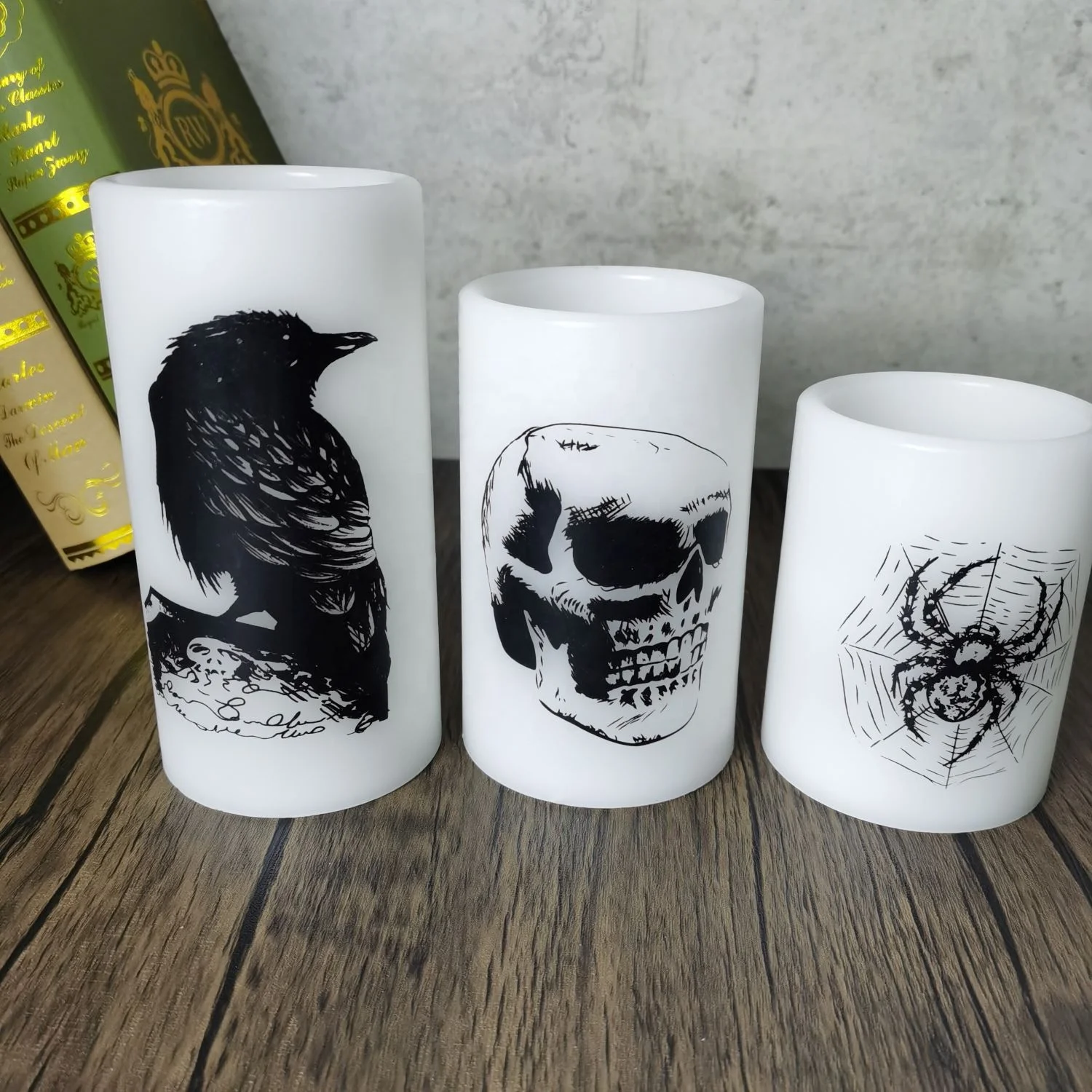 Halloween Flameless Flickering Real Wax LED Pillar Candles Battery Operated Decals Crow Raven, Spider Web, Skull Decor Gift