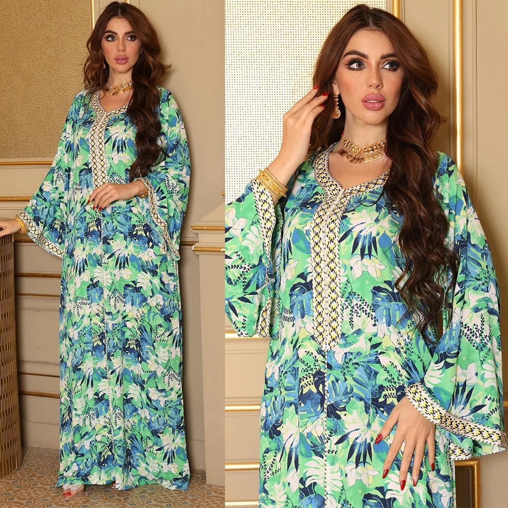 Summer Fashion Arabic Dress Abaya Printing Long Sleeves V Neck Patchwork Buttons Elegant Dubai Robe Party Maxi Dresses