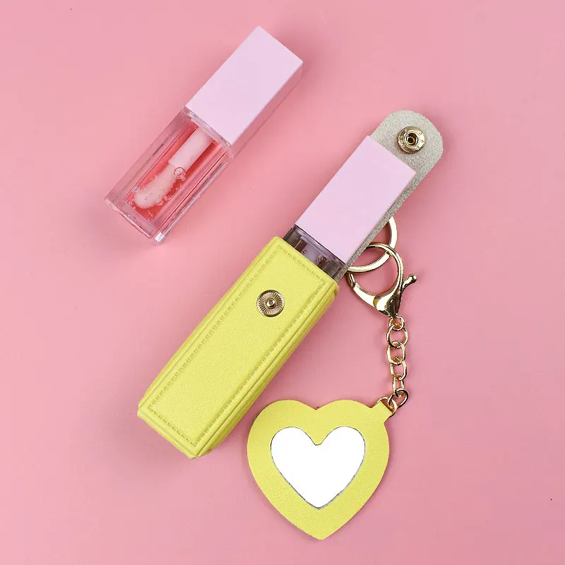 Hot Sell Lipstick holder keychain Mirror PU leather Lip Balm Holder keychain Lipstick Case with Makeup Mirror