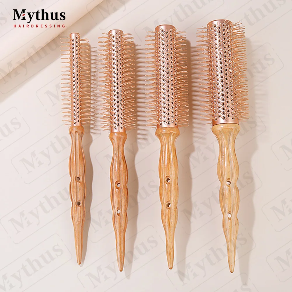Korea Style Luxury Rose Gold Long Aluminum Barrel Heat Resistant Nylon Bristle Wooden Tail Handle Round Comb Curling Hair Brush