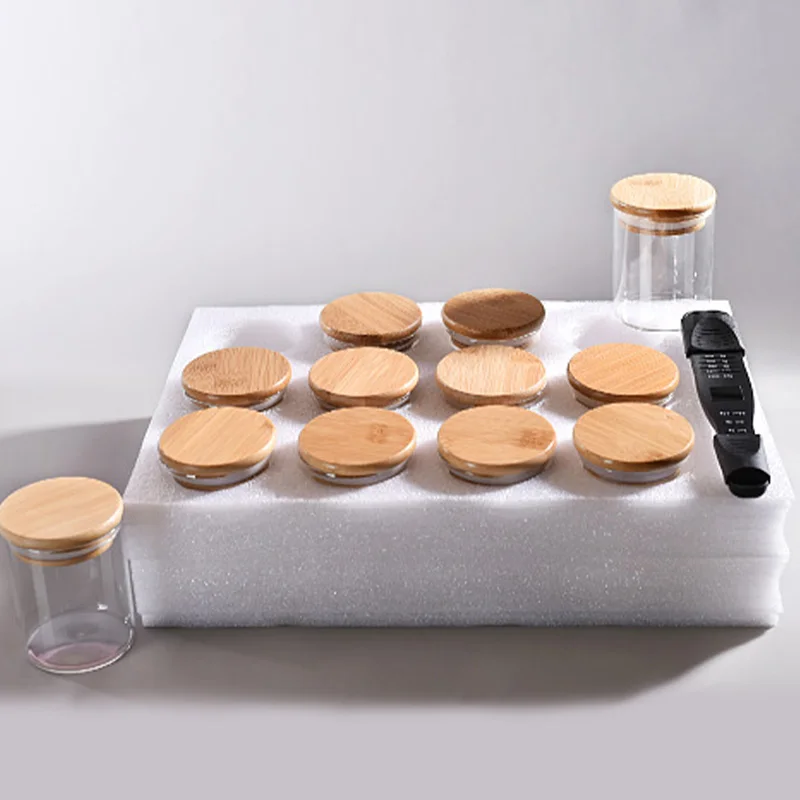 Sponge packaging 7 oz Glass Food Storage Jar with Bamboo Lid 12 Pack Borosilicate Glass Airtight Kitchen Storage Containers Sets