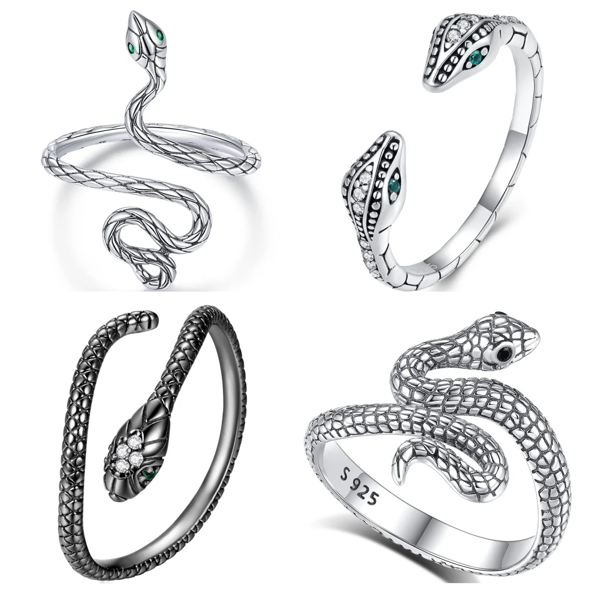Wholesale Open Snake Ring 925 Silver Adjustable Animal Rings Reptile for Men Women Punk Style Boy Girl Birthday Jewelry Gifts