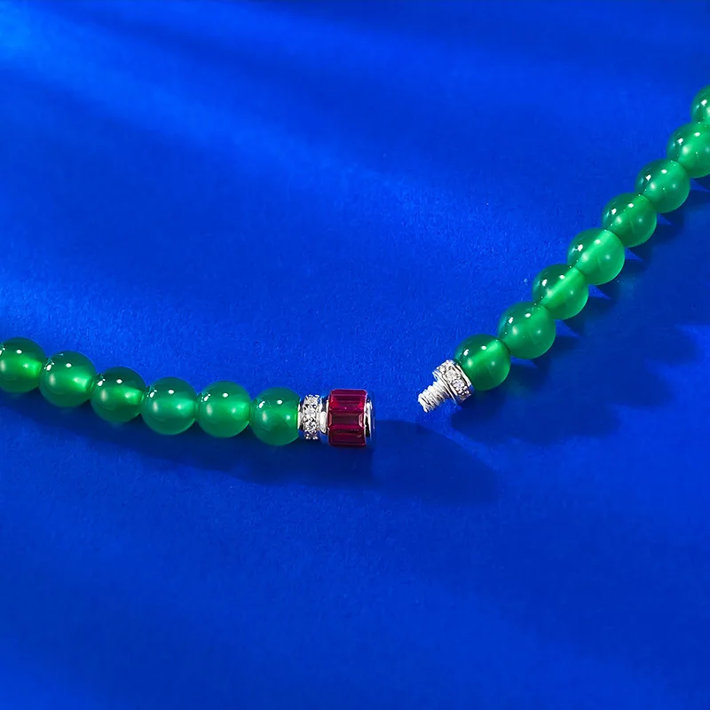 Chalcedone Beads String Ice Imperial Green Silver Inlaid Pendant With 6mm Full String Necklace 50cm