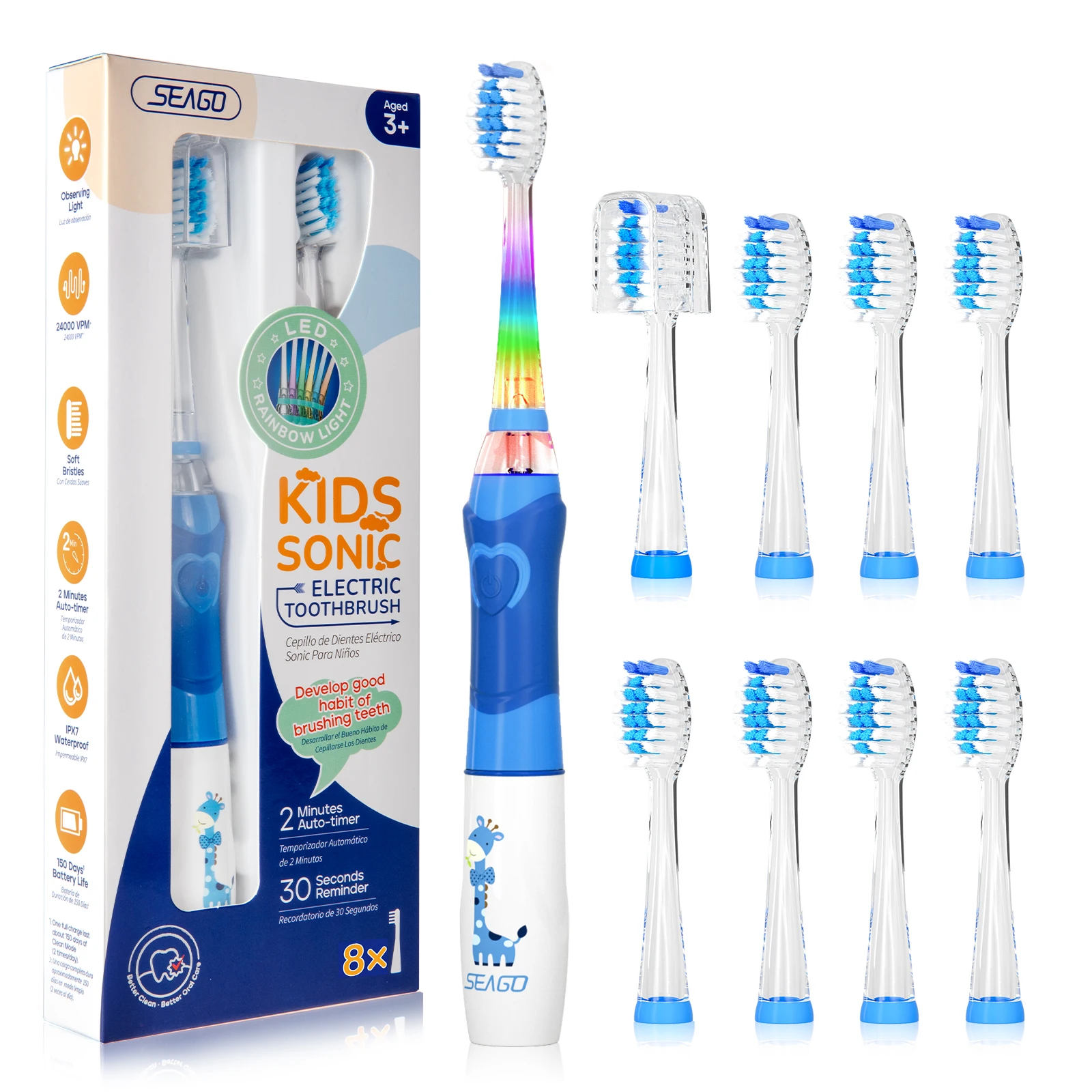 SEAGO SG977 LED Light 4 Modes Oral Whitening Care 8 Soft Brush Heads Smart Timer Age 3+ Kids Child Sonic Electric Toothbrush