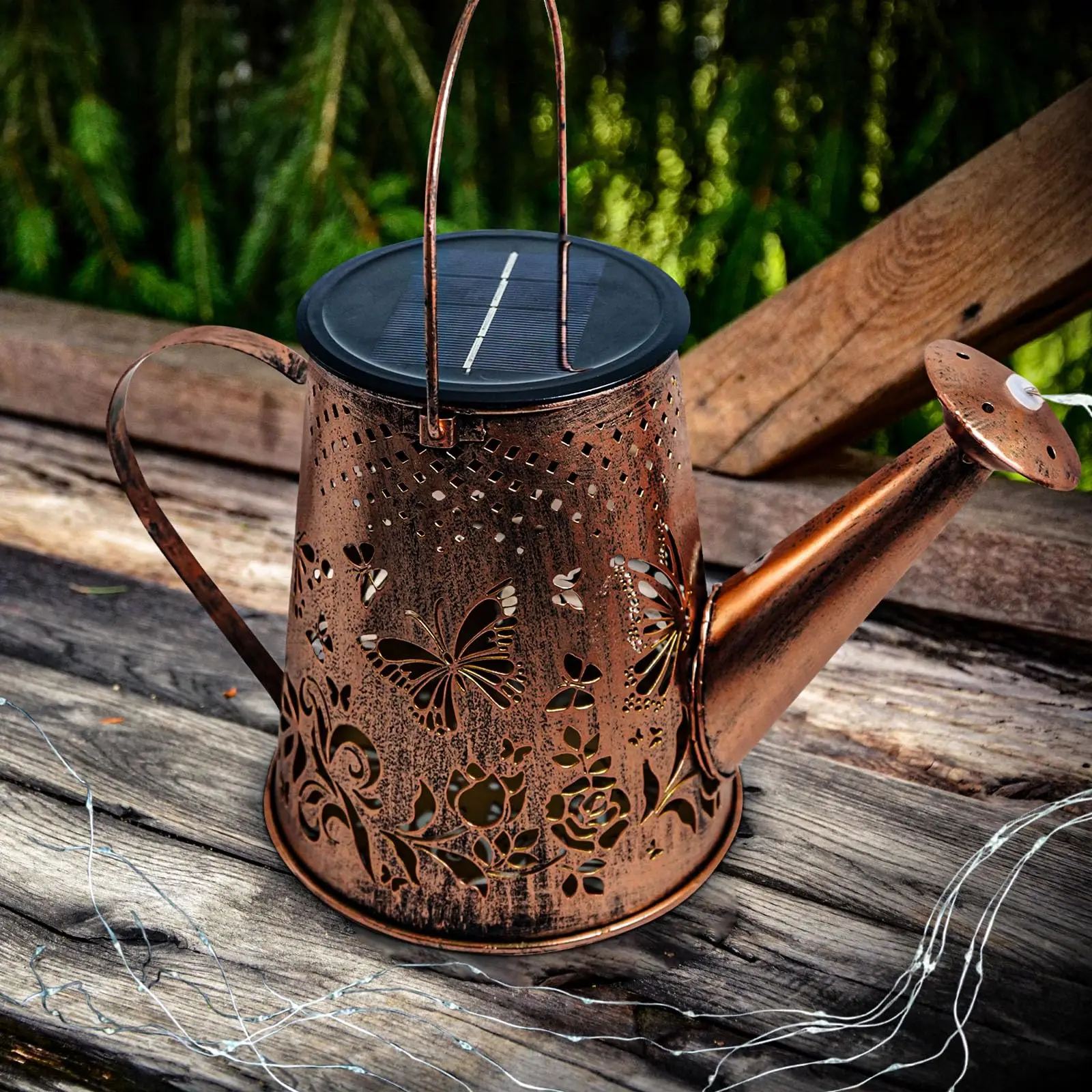 Custom Butterfly-Type Metal Solar Watering Can Light Outdoor Decorative Hanging Garden Lantern 6 Twinkle LED String Cascading