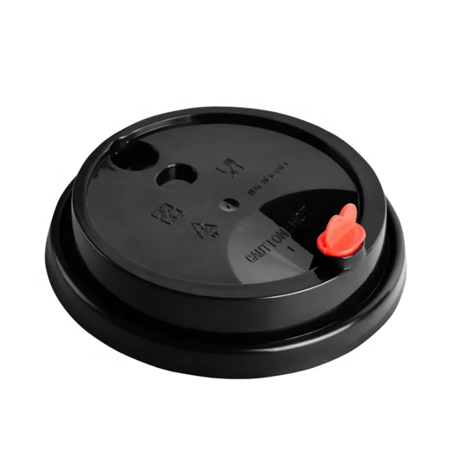 90mm Diameter Black Plastic PP Injection Cup Lid With Stopper Plug For Bubble Tea