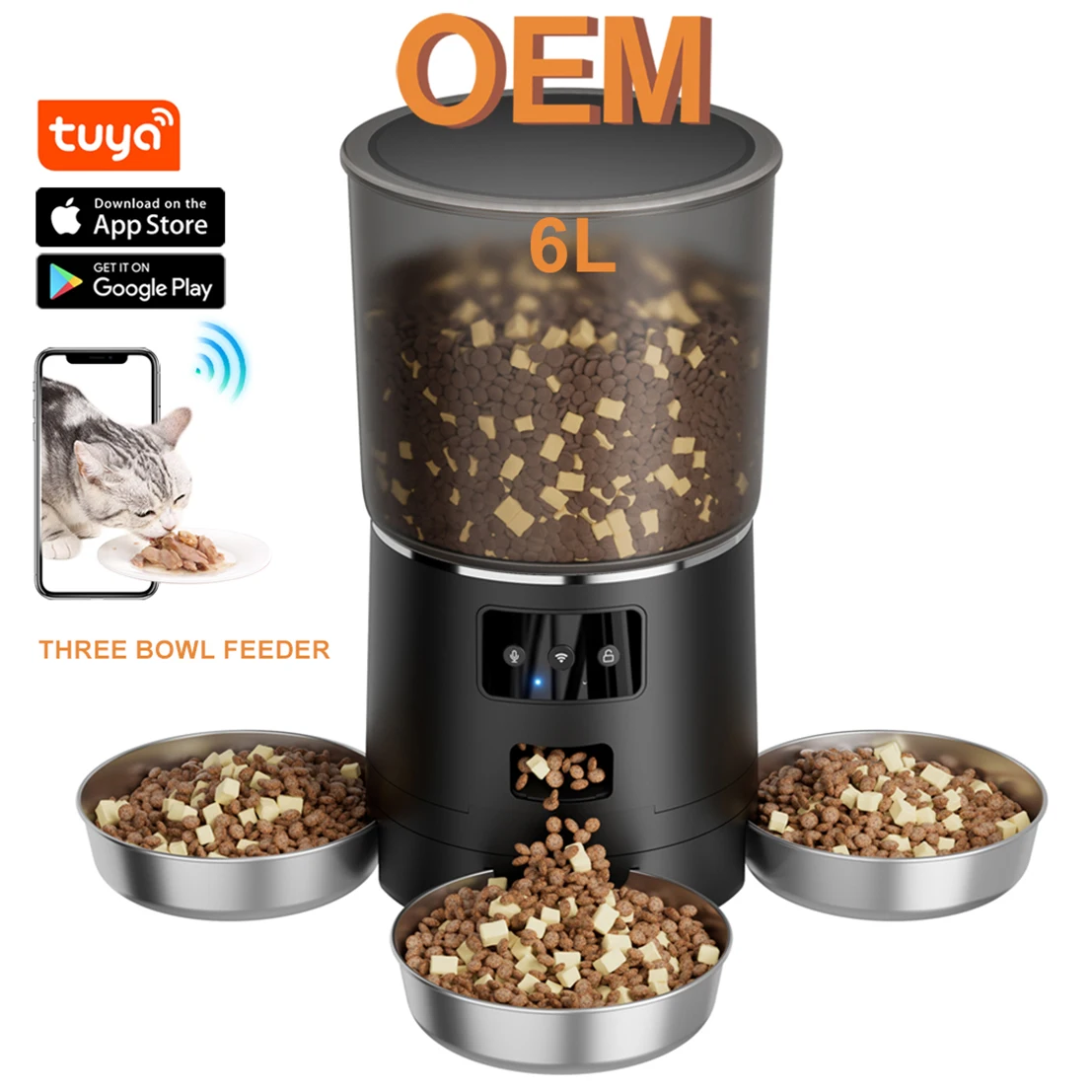 Tuya APP Control 6L Automatic Pet Feeder Three Bowl slow Food Dispenser Feeder for Dog Cat Pet Product