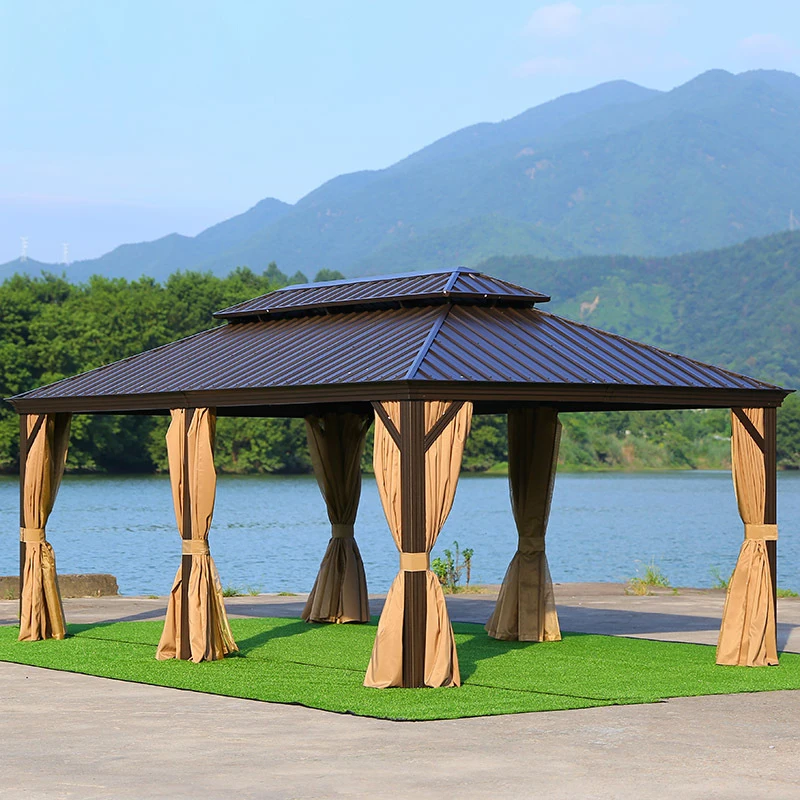 Garden Outdoor Aluminum Metal Patio Gazebo Hard Top with Mesh & Curtains Tent Shelter