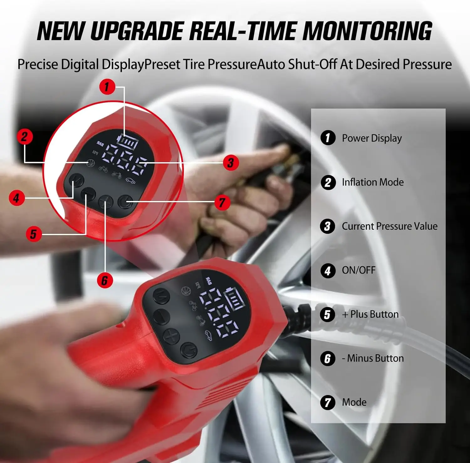 Portable cordless inflator150PSI Max Air Pump with Digital Pressure Gauge& 3 Nozzle for Car Tires,Trucks,Motorcycles,Ball