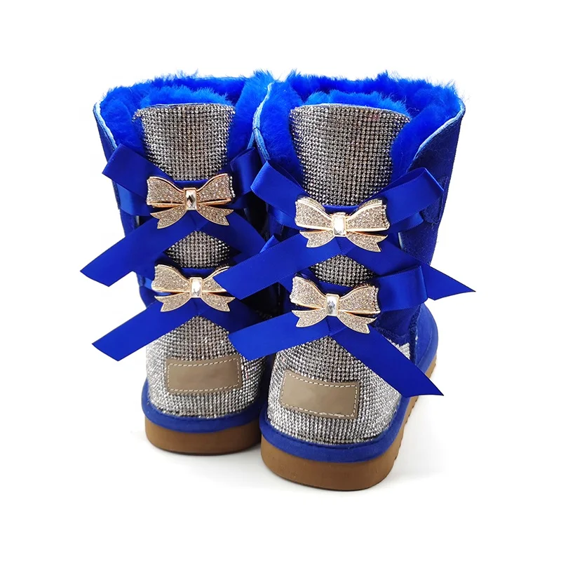 Wholesale fashion rhinestones bling bling winter fur snow boots women with 2 bows