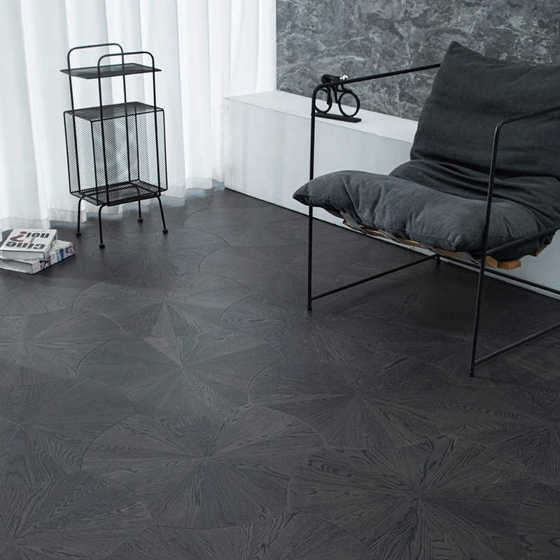 Dark Black Color Design Oak Wood Flooring  Curved Leaf Lotus Round Hexagon Woven Design Parquet Wood Flooring