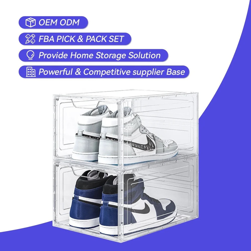 Clear Shoe Box Fashion Transparent Foldable Shoe Storage Box Custom Logo  Front Magnet Stackable Giant PP Material Shoe Box
