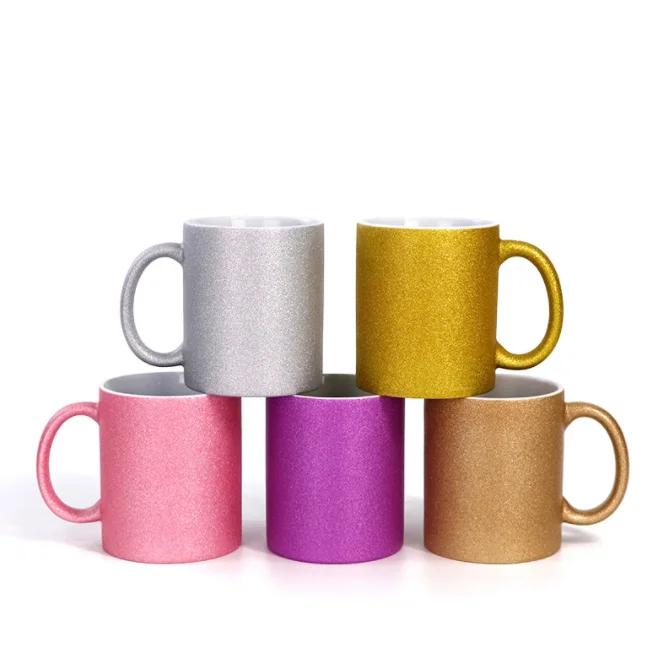 TJS Hot selling 11oz sublimation ceramic glitter powder blank tea cup coffee mugs