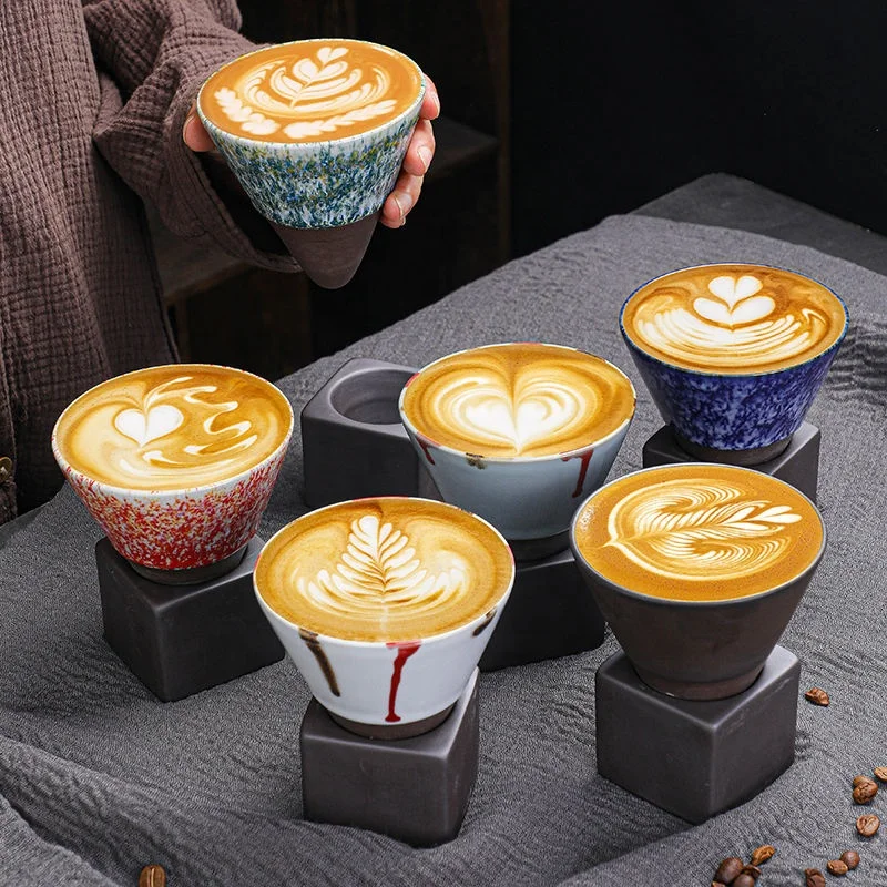 Houstime Retro Coffee Cup Funnel Cone shape Coarse Pottery Mug ceramic coffee cup mug with base
