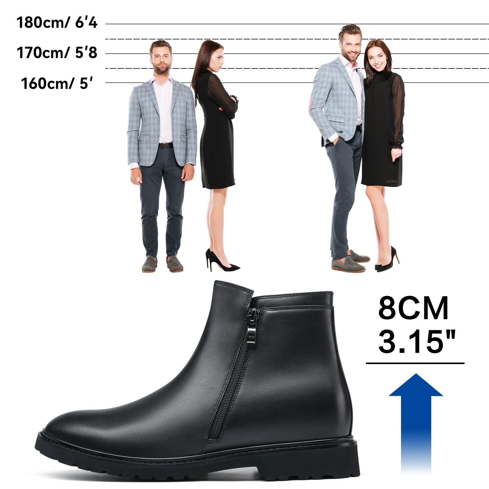 Factory custom Side zip ankle leather boot mens Outdoor Winter Boots Black Chelsea Boots Height Increasing 8cm