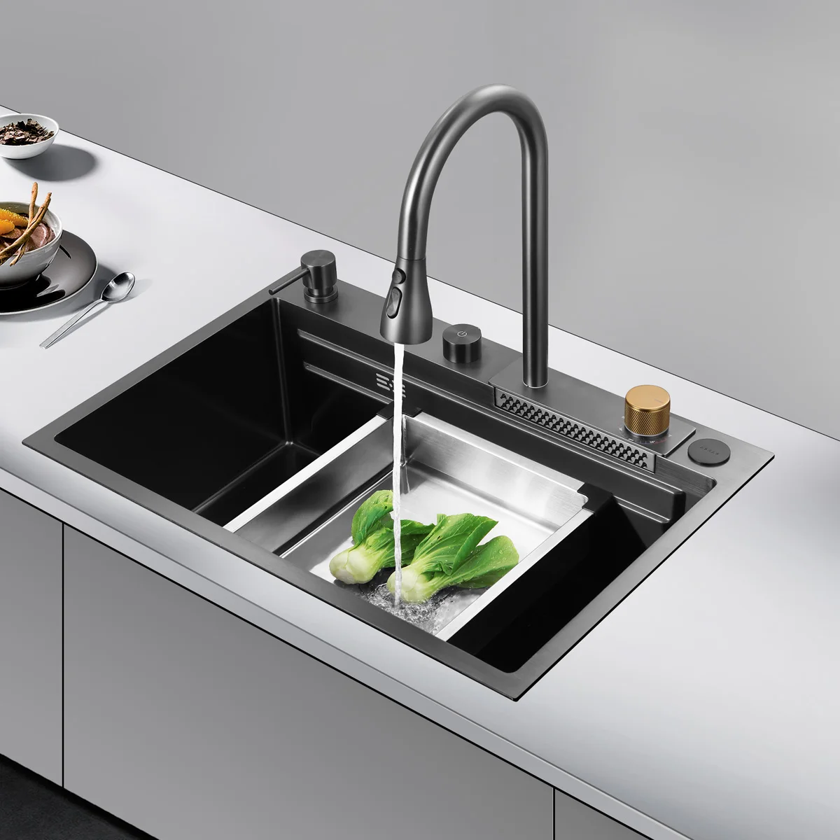 Asras New Model 6847FY ss304 Stainless Steel Single Basin Nano Black Rainfall Handmade Kitchen Sink with Rainfall Faucet