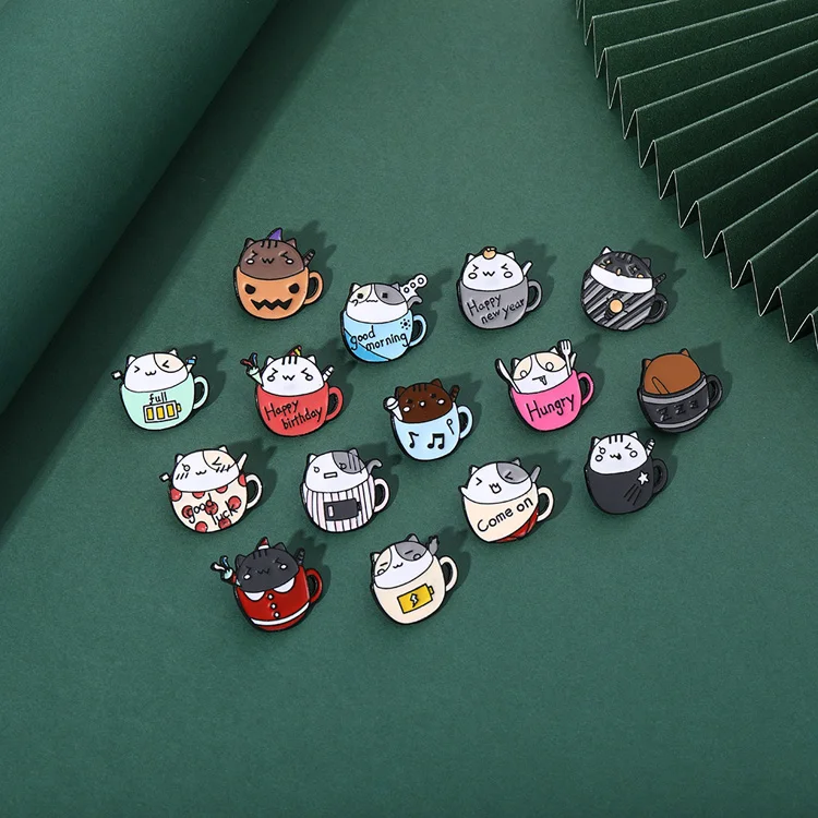 New arrival wholesale soft lapel pins custom coffee cup cat enamel pin set