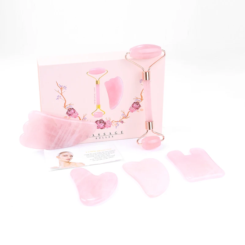 Ролик для лица из натурального розового хрусталя и гуаша массажный инструмент для подтяжки кожи лица из розового кварца нефритовый ролик для лица Gua Sha набор