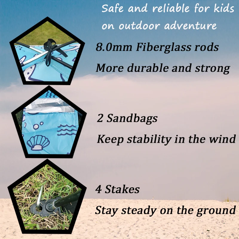 Camping Sun Shelter UPF 50+ UV Protection PU800 Waterproof Ventilation Light Blue Ocean Tent For 3-4 Person Outdoor Playing