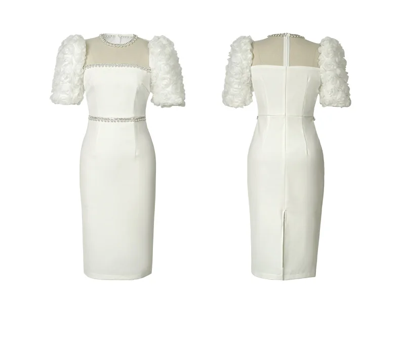 Elegant Pearl Beaded Floral Sleeve Embellished White Midi Party Dress Satin Women Casual Dresses