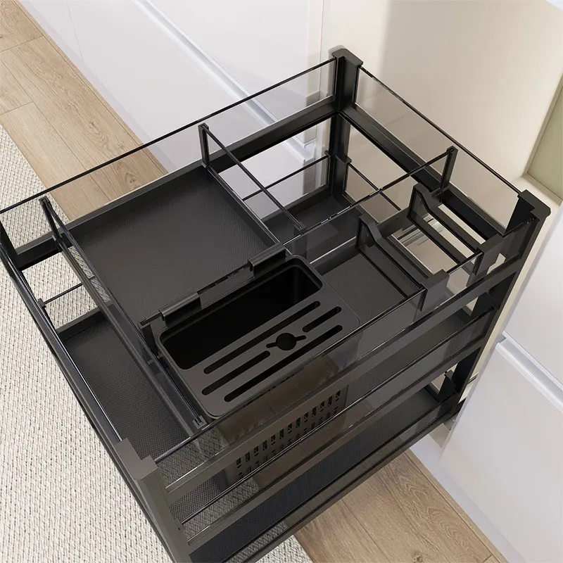 200mm side pullout kitchen stainless steel pull out drawer wire storage basket with cutlery tray