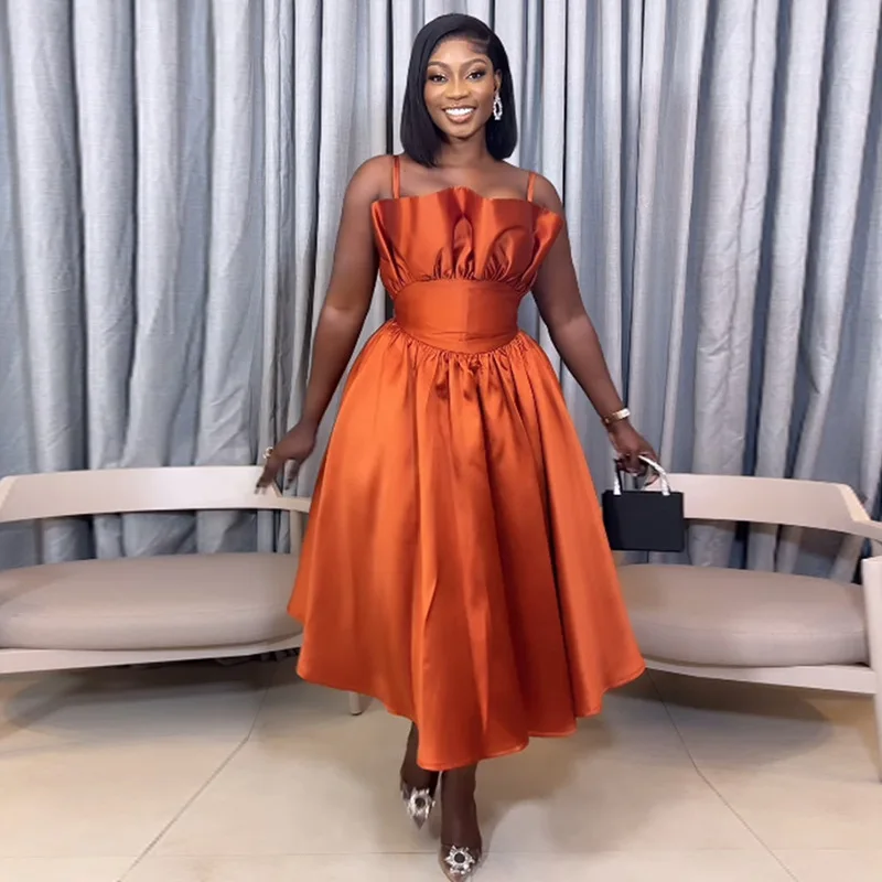 BOJIN 2024 Summer Elegant Sexy A-Line Midi Dress Solid Tube Top with Natural Waistline and Pleat Decoration Made of Polyester