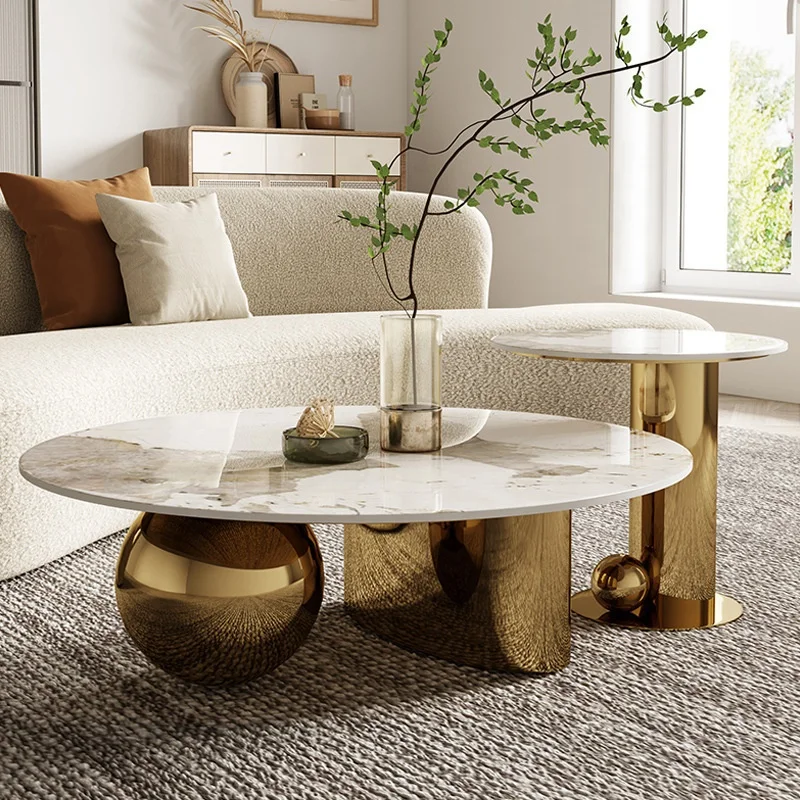 Round Shape Marble Coffee Tables Elegant Gold Stainless Steel Center Table Sets Living Furniture For Home For Hotel
