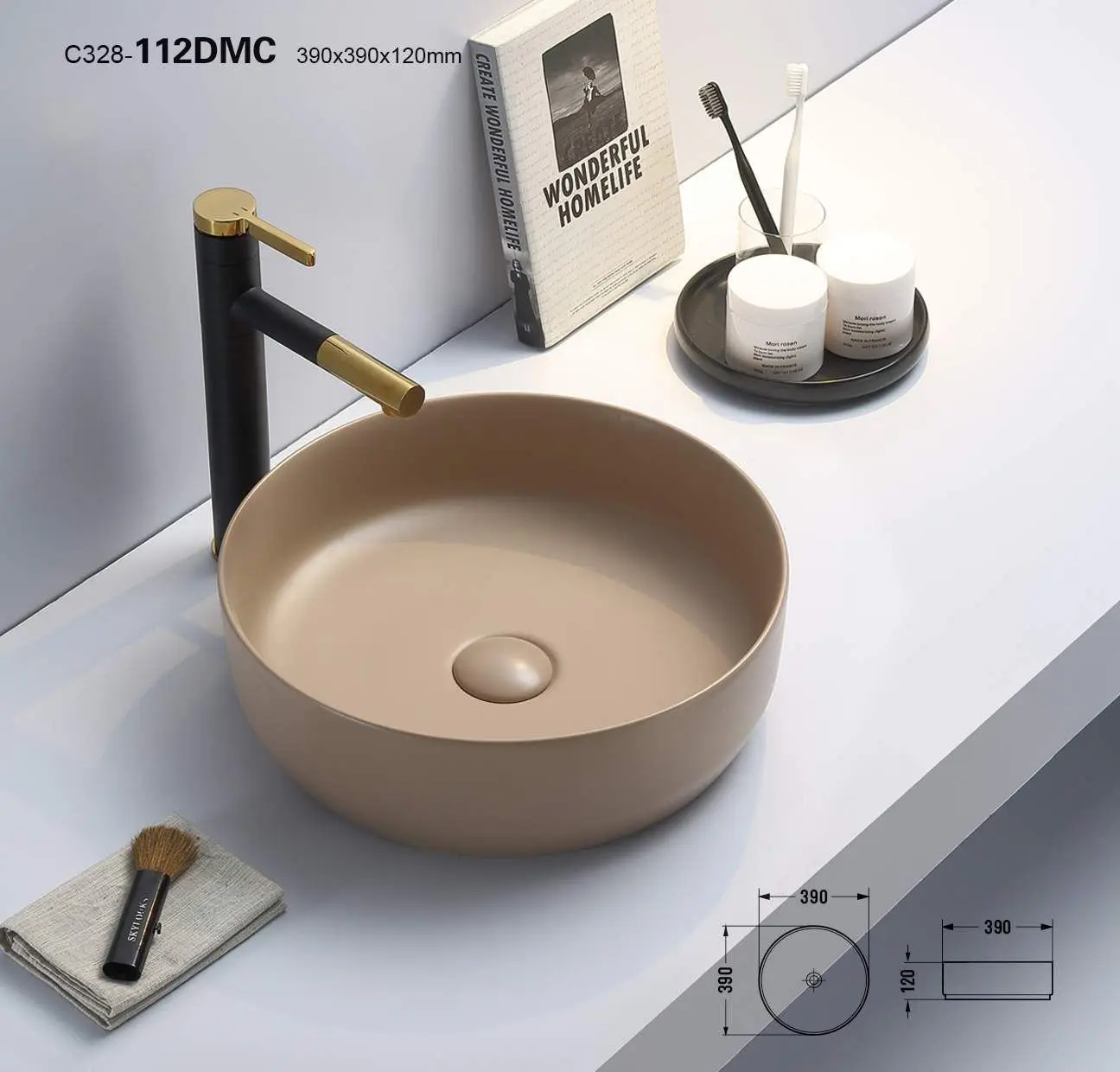 Serene 112DMC matte beige slim edge round abover sintered stone top bathroom vanity sink small ceramic wash hand basin