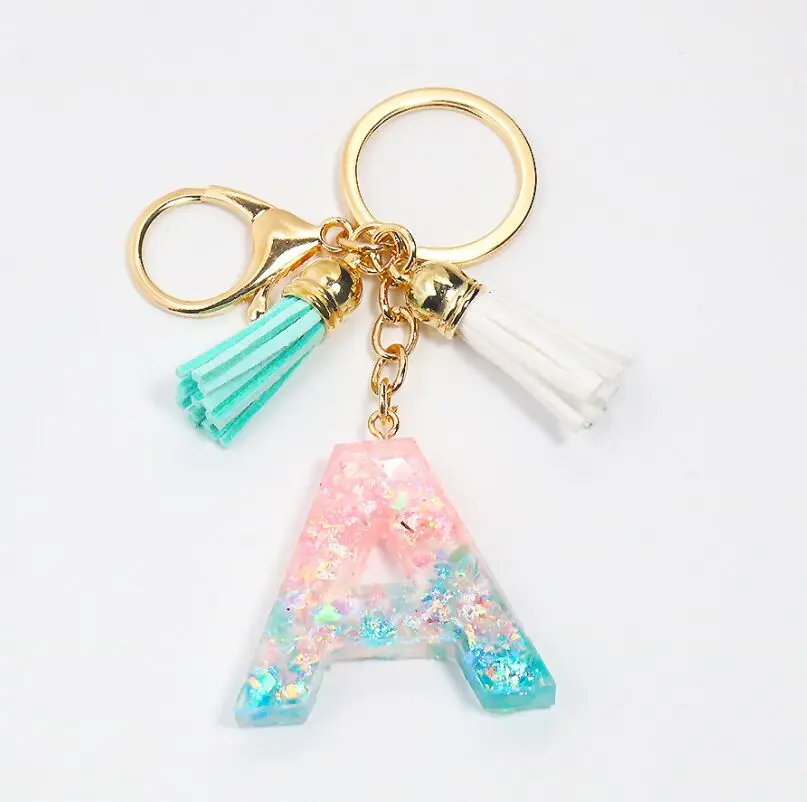 26 English word Letter Keychain,sparkle Glitter shell paper Resin keyring Tassel A TO Z Handbag Charms for Woman
