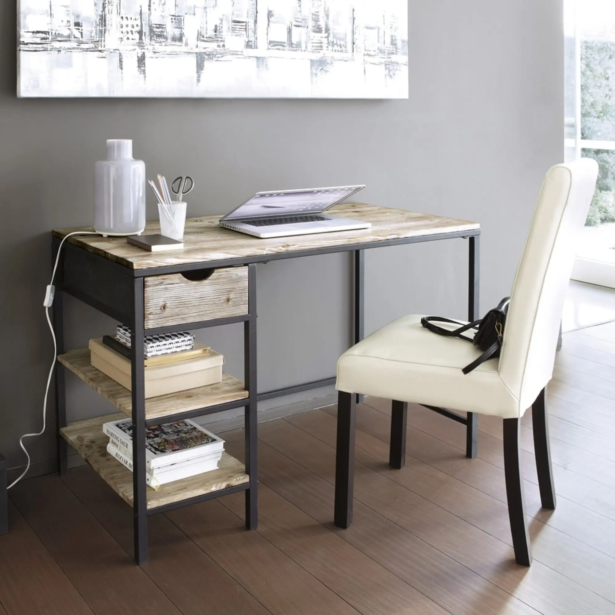 Modern Metal Legs Wood Top Cheap Home Industrial Office Black Computer Desk With Drawer Shelves