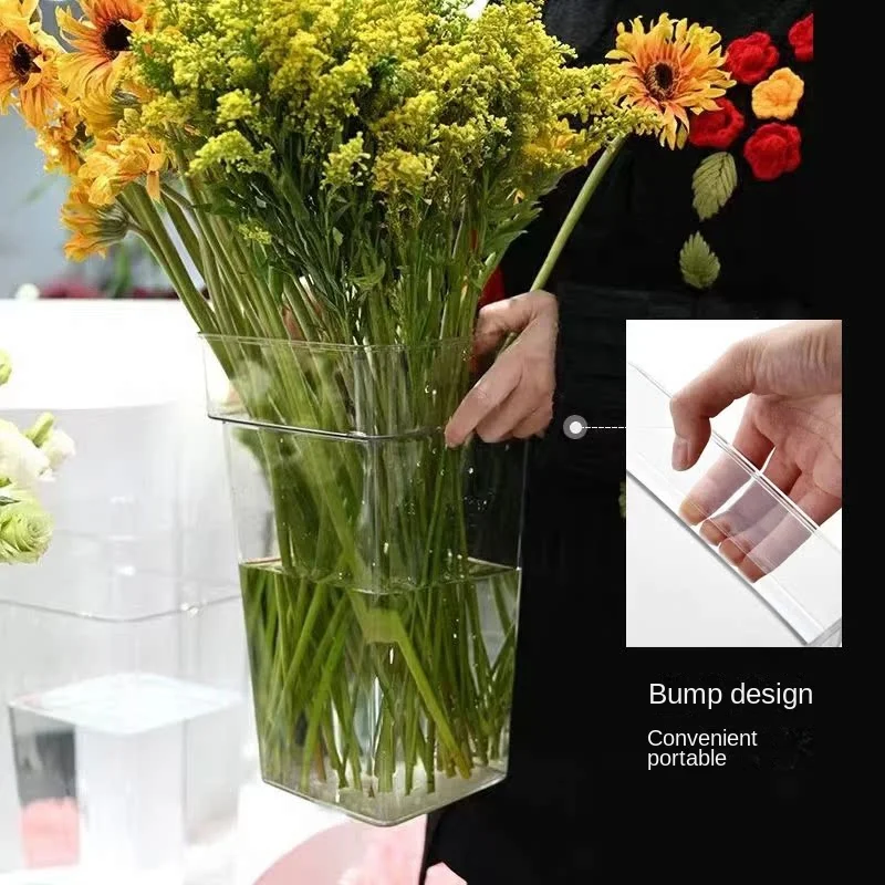 Changyi Transparent Waterproof Rose Bouquet Flower Bucket Holland Square Design Plastic Vase for Home Decoration for Wedding