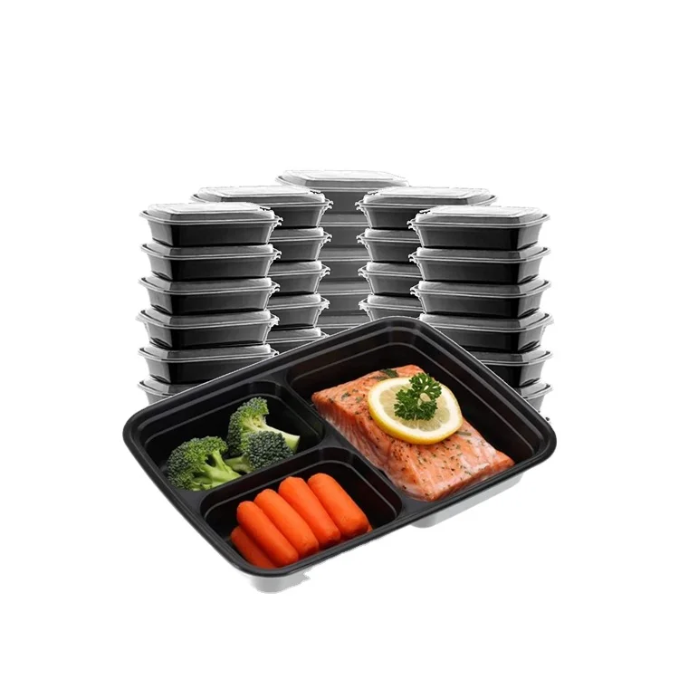 Black rectangular plastic three compartment boxes disposable plastic takeout food containers
