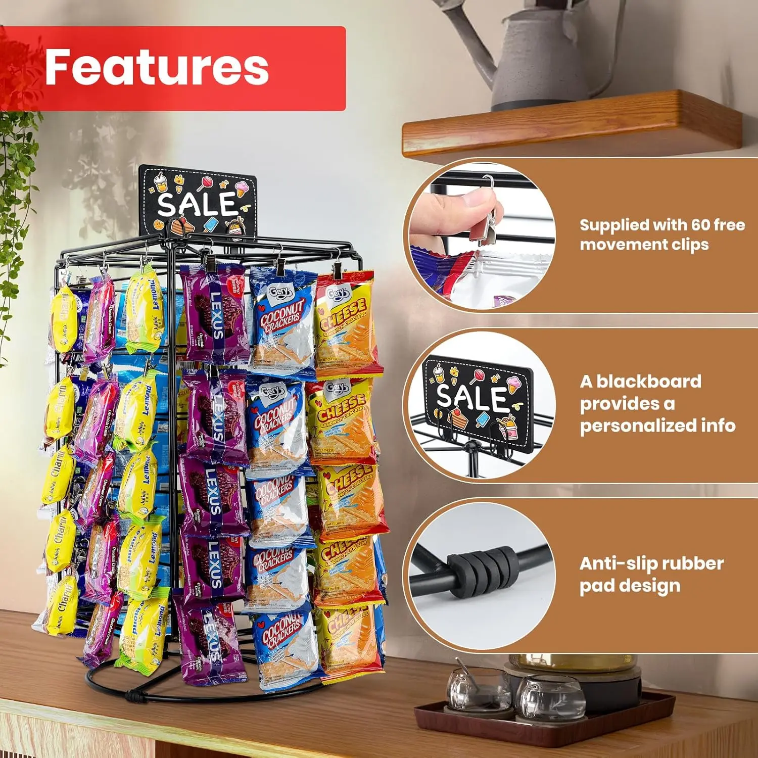 Chip Rack Display Stand, 60 Chips Snack Display Rack For Supermarket, Rotating Chips Display Shelf For Store,Promotional Rack