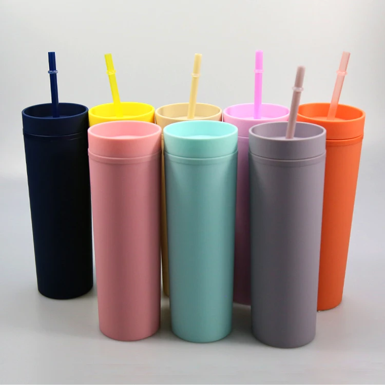 Skinny double wall Tumbler 16OZ straight Plastic Tumblers customized straw cup water skinny matte cup with straw and lid