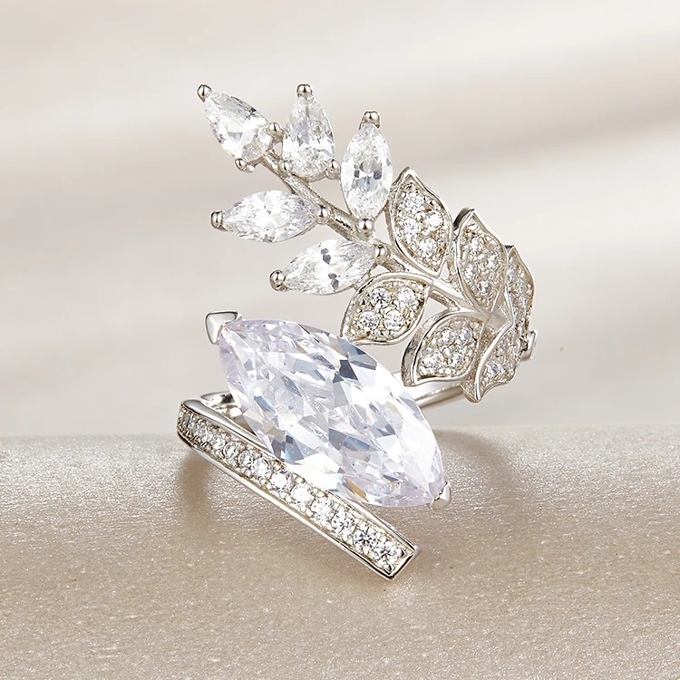 Luxury 925 Sterling Silver  Leaf Rings Jewelry Women Cubic Zirconia Stone Ring