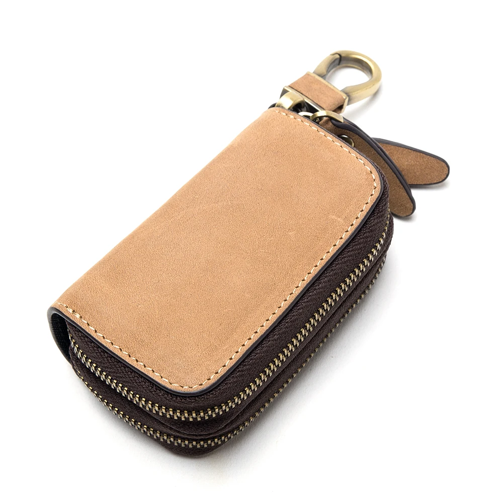 
New Design Car Key Holder Manufacturer Chain Real Cow Leather Organizer Key Case Wallet with 2 Zipper Pouch Pocket 