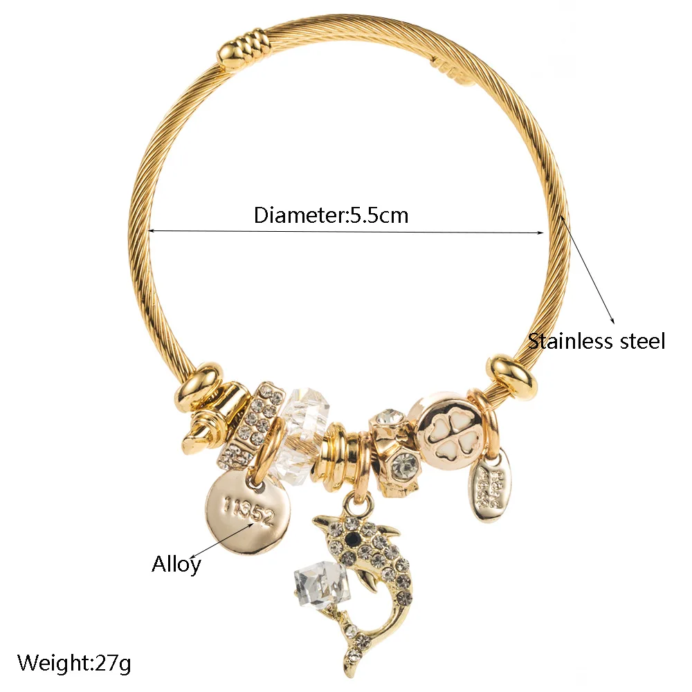 Wholesale Stainless Steel Crystal Bead Bangle Gold Plated Custom Animal Dolphin Charm Bracelet For Girls