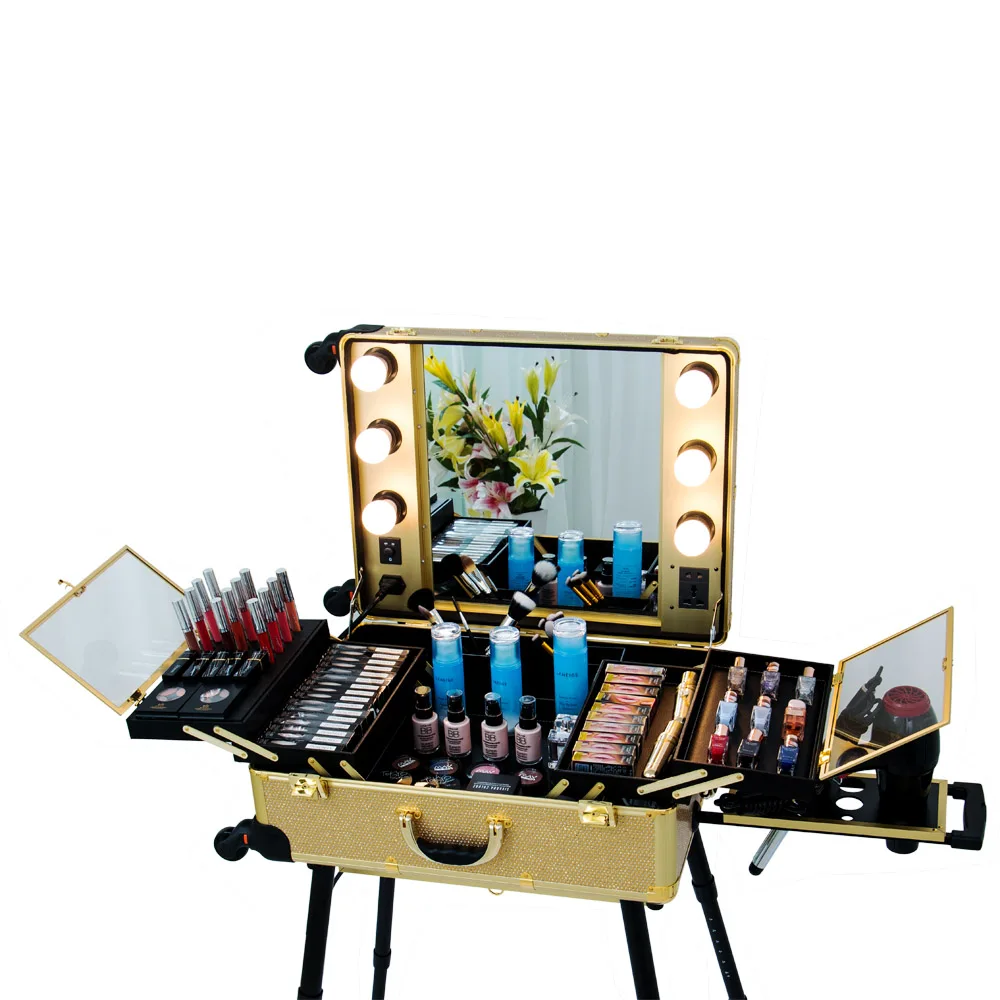FAMA factory Latest fashion good quality makeup train case makeup station with lights with mirror