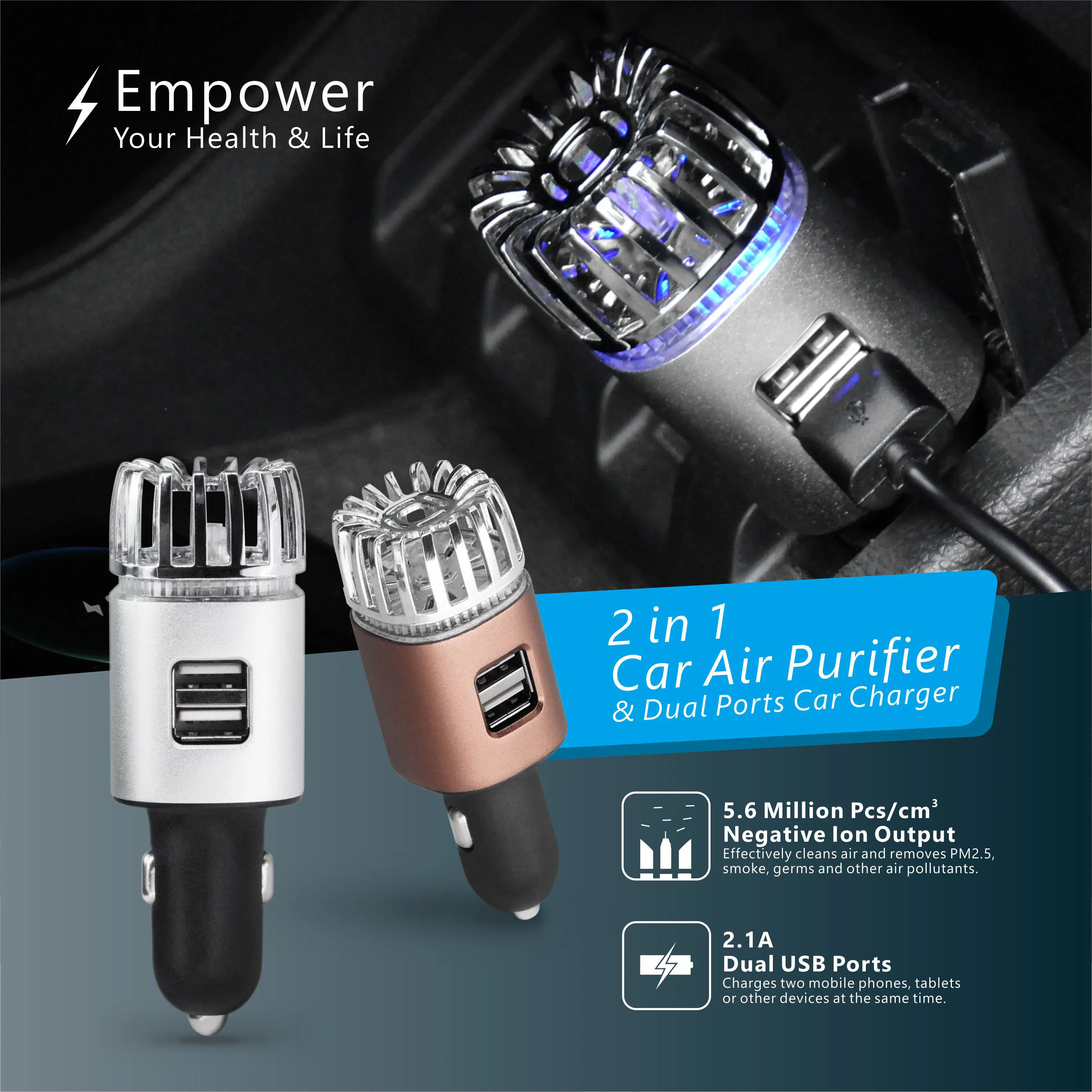 Новинка 2022 ETL Заводская цена мини 12 В зарядное устройство 2 в 1 USB PM2.5 очиститель воздуха ионизатор