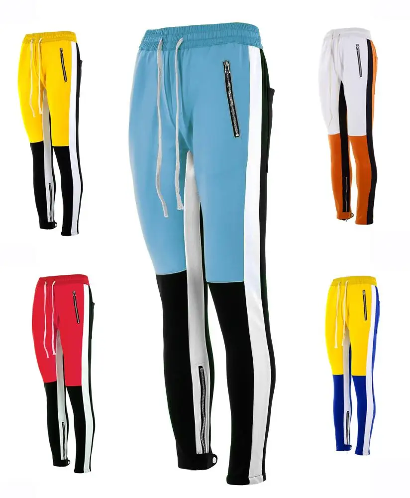 
long drawstring elastic rib waist color block custom men jogger side stripe design track pants 