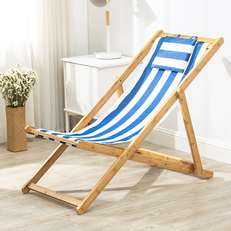 Adjustable Height Red Stripe Pattern Moon Chair Foldable Wooden Beach Chair With Pillow