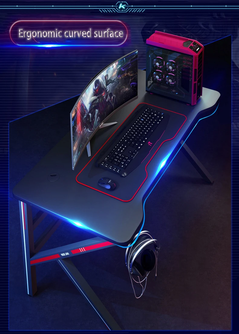 Hot Sale Pc Modern Furniture K Shaped Computer Black Gaming Desk With Cup Holder & Headphones Hook