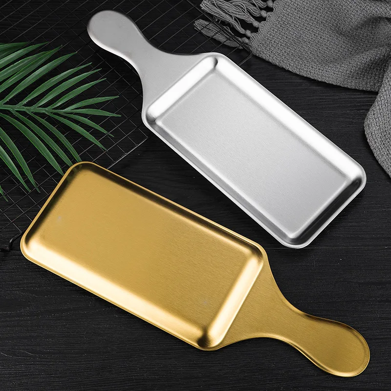 Korean Restaurant Kitchen Hotel Stainless Steel Serving Tray Gold Square Plate With Handle