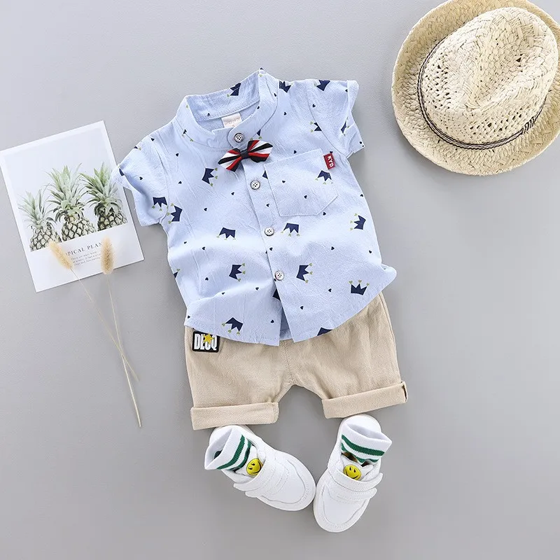 2023 Summer Child Boys Clothes Suits Short Sleeve Single Breasted Crown Print Shirt Pant 2 Pieces Children Clothing Boy