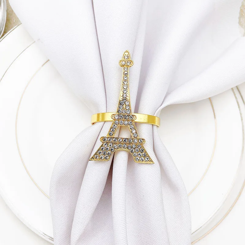 wholesale ideas factory price metal gold Eiffel Tower crystal napkin rings for romantic weddings
