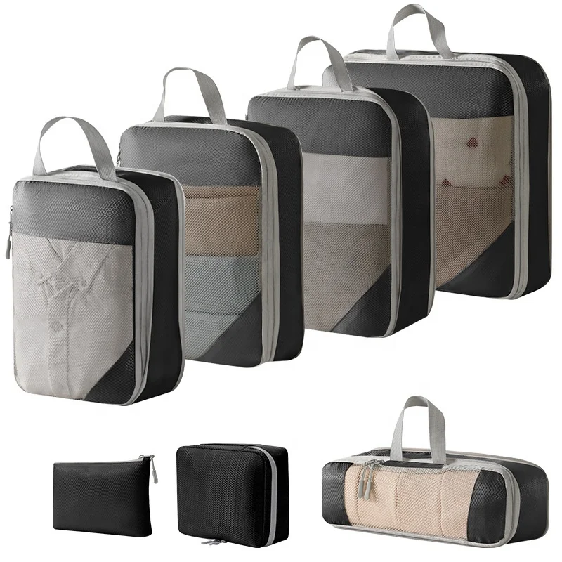 Custom logo compression 5pcs 6pcs 7pcs 8pcs 9pcs pack mesh travel luggage organizer toiletry cosmetic storage set packing cubes