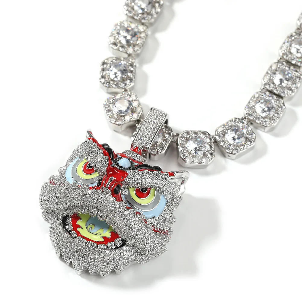 Chinese Traditional Cultural Beast Dancing Lion Head Character Pendant Iced Out CZ Colorful Enamel Charms Fashion Jewelry
