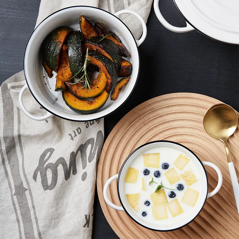 Nordic Brief Style Ceramic Soup Bowl Casserole Handle And Lid Anti Scald Breakfast Oatmean Dessert Salad Ramen Bowl Dinnerware