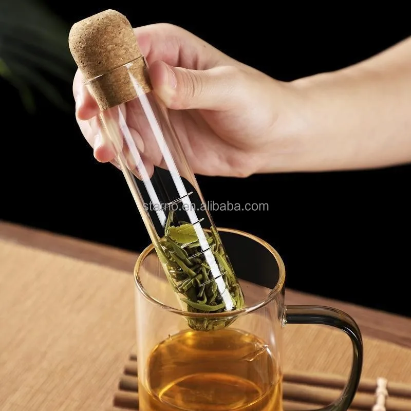Transparent tea drain heat-resistant borosilicate glass tube shape tea infuser tea set maker filter with cork lid