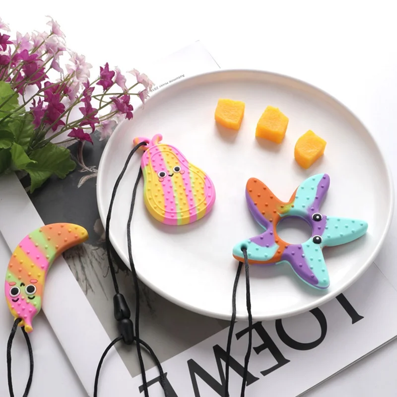 New Arrival cute Cartoon Sensory Grasping Silicone Baby Chewing Fruit Set Teether Toys